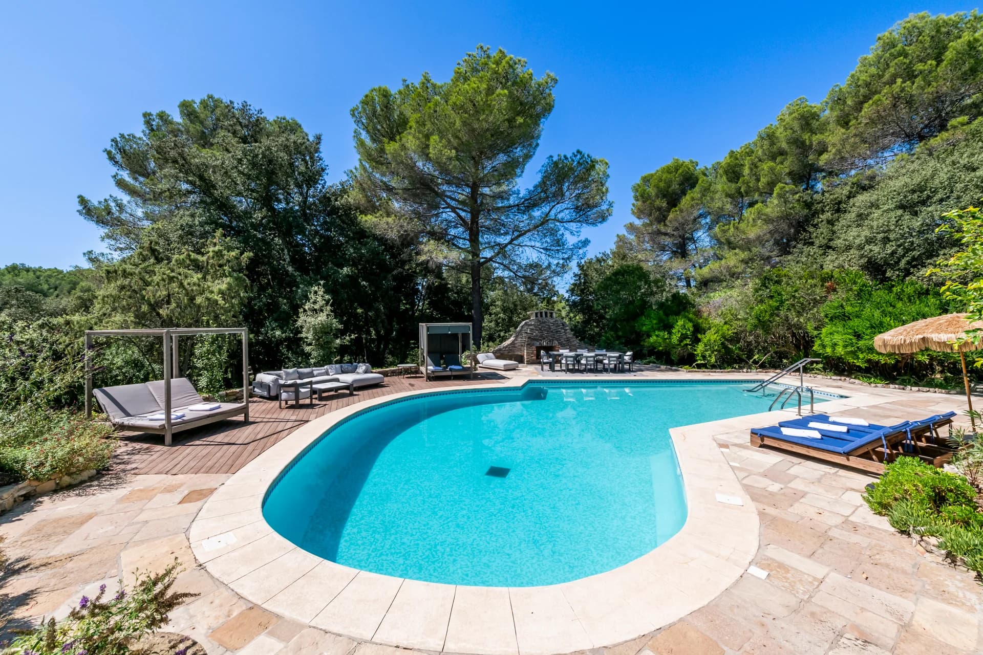 La piscine, le deck en bois et la cheminée de pierre au fond