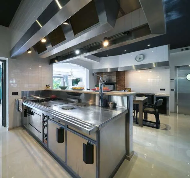 Cuisine professionnelle en inox, piano de cuisson et plans de travail